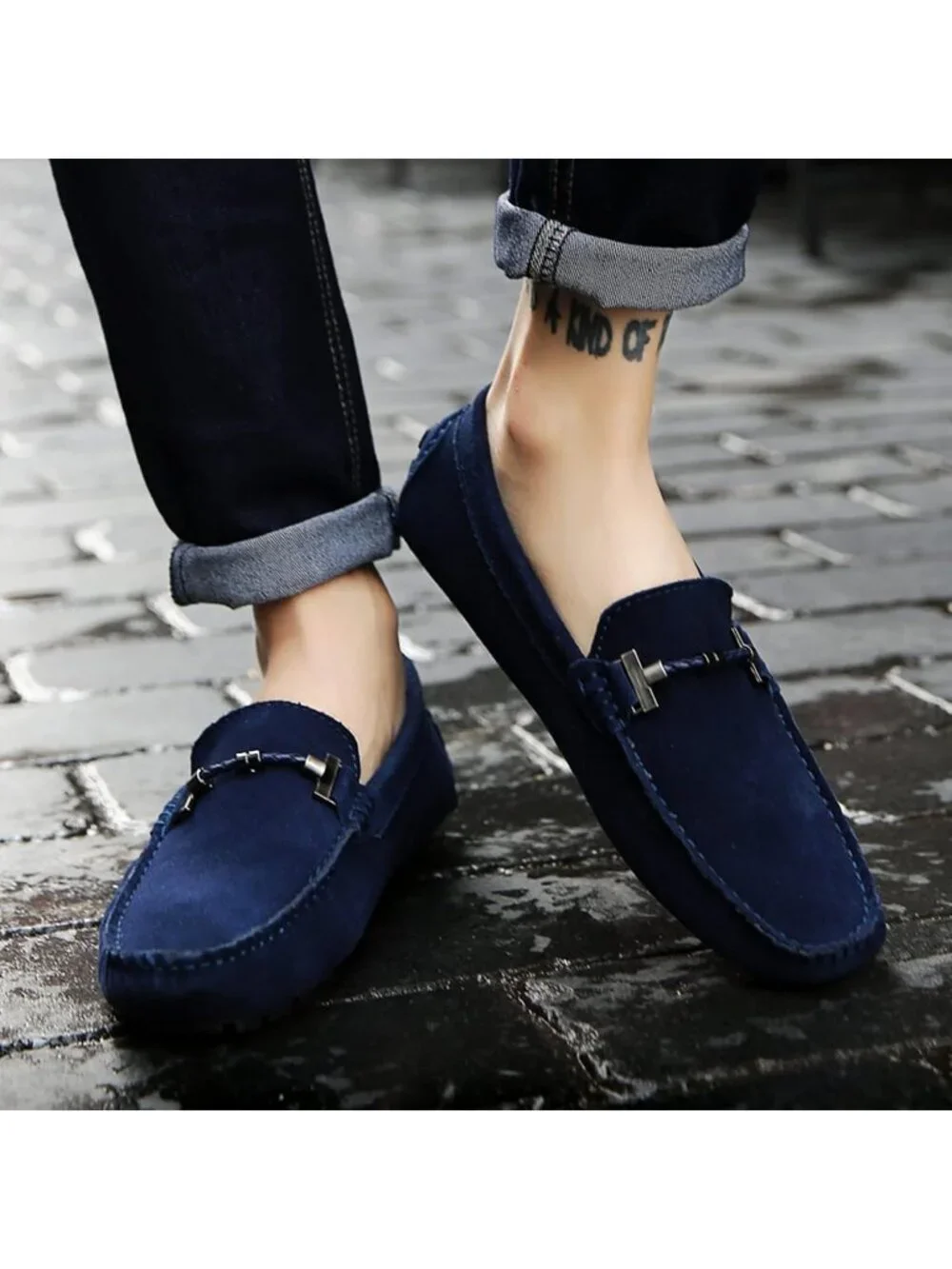 DCZTELG Men's Blue Suede Calf Leather Penny Loafer Slip On Party Comfort Shoes